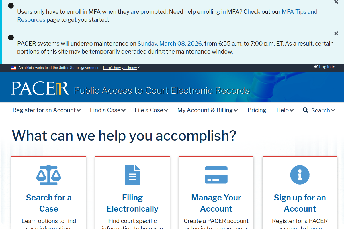 PACER website screenshot